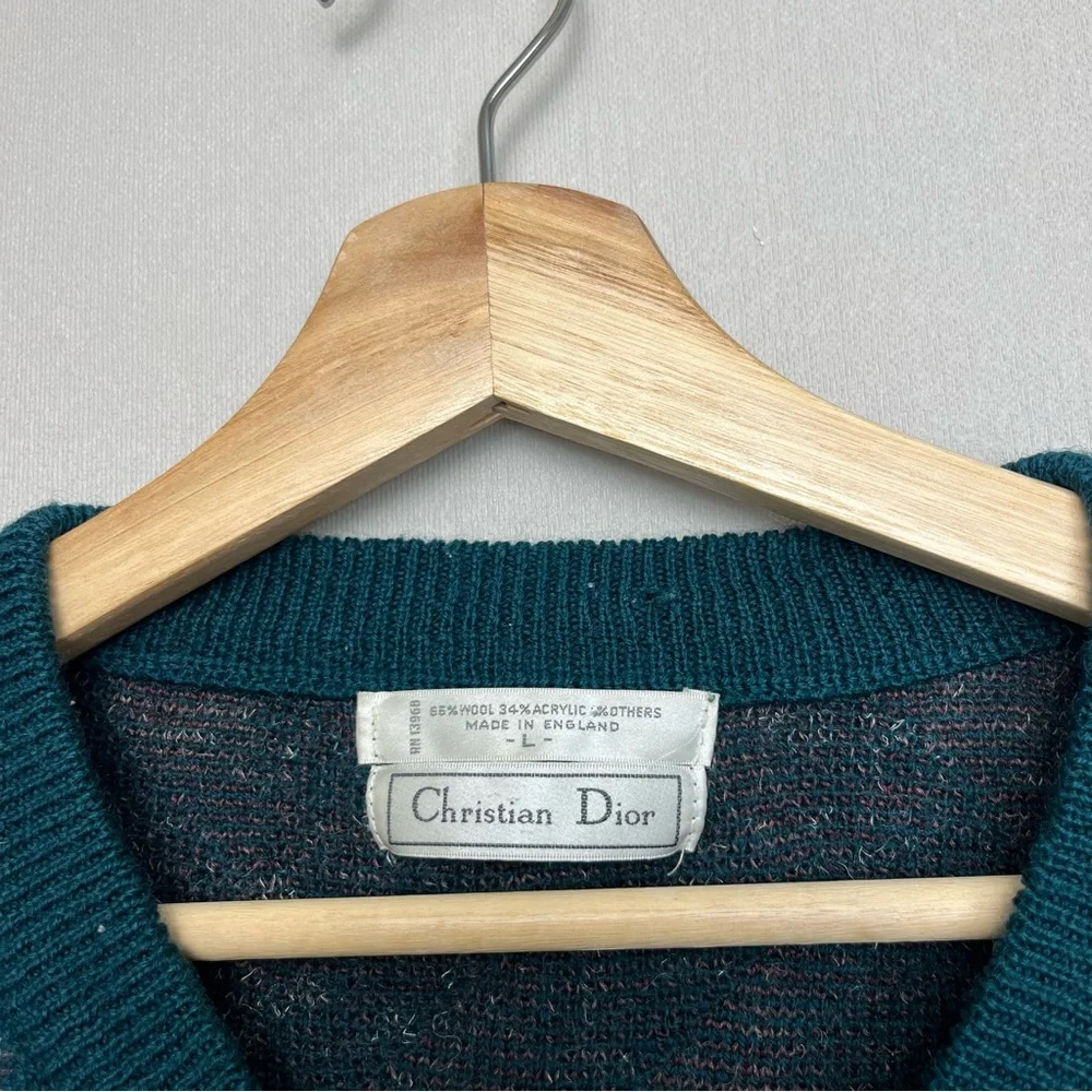 Vintage Christian Dior V Neck Wool Acrylic Blend Green‎ Triangles Print Size L